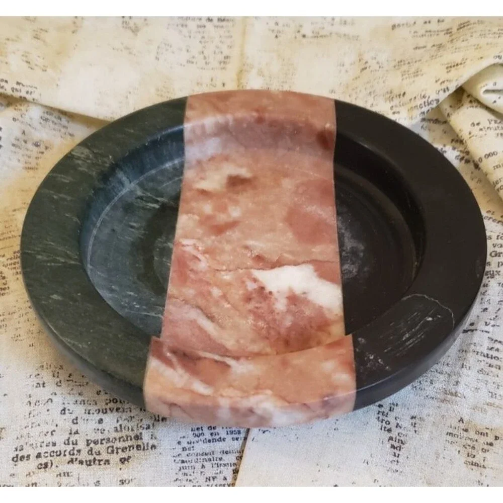 Vintage - Heavy Marble/Stone Black and Pink Ash Tray, Candle Holder, Catch-all